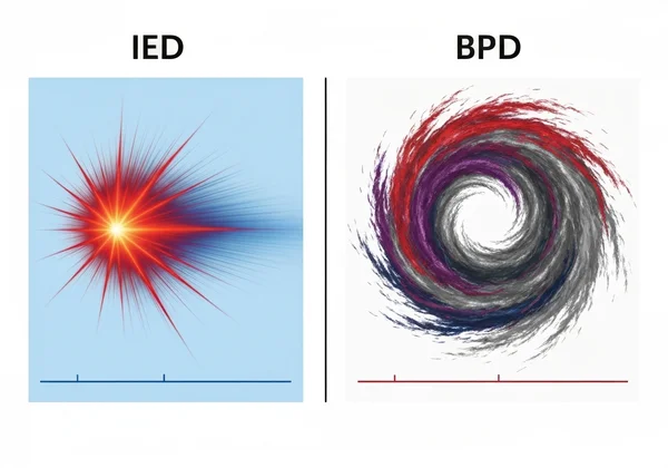 Visual comparison of IED's brief outbursts vs BPD's prolonged turmoil