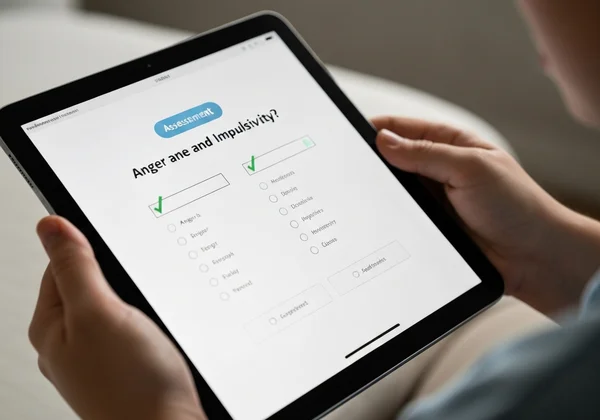 Hand taking an online self-assessment for anger issues on a tablet