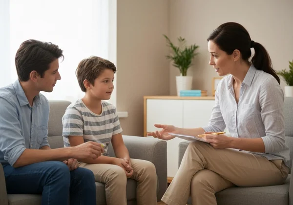 Child and parent talking to a therapist for IED treatment