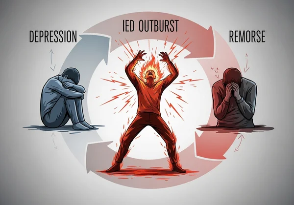 Kitaran emosi kemurungan, kemarahan, rasa bersalah, dan penyesalan.