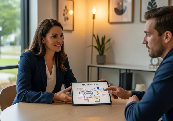 Profesional dan pesakit membincangkan pelan rawatan bersepadu.