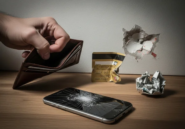 Telefon pecah, dompet, melambangkan kos kemarahan kewangan